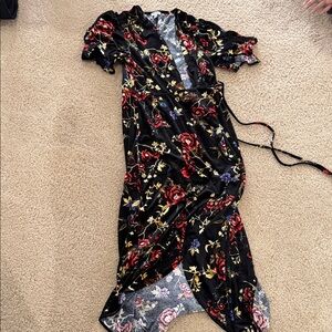 Velvet Floral Black Wrap Dress